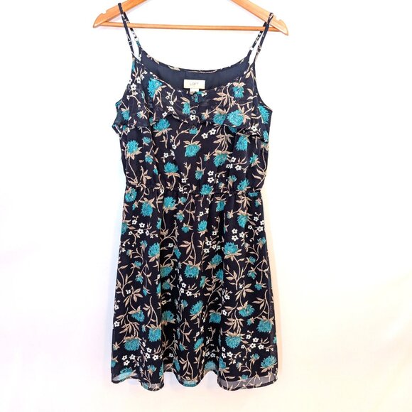 LOFT | Floral Button Front Spaghetti Strap Mini Dress in Navy & Turquoise | 6 - Picture 7 of 13